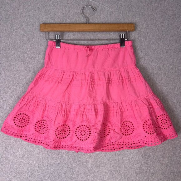 Mini Boden Skirt Girls 5/6 Pink Cotton Eyelet Tiered Ruffle Hem Drawstring Waist - Picture 1 of 10